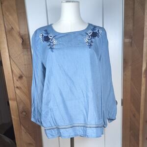 Bass Women's Blue Floral Embroidered Peasant Top Size M Cottagecore Top